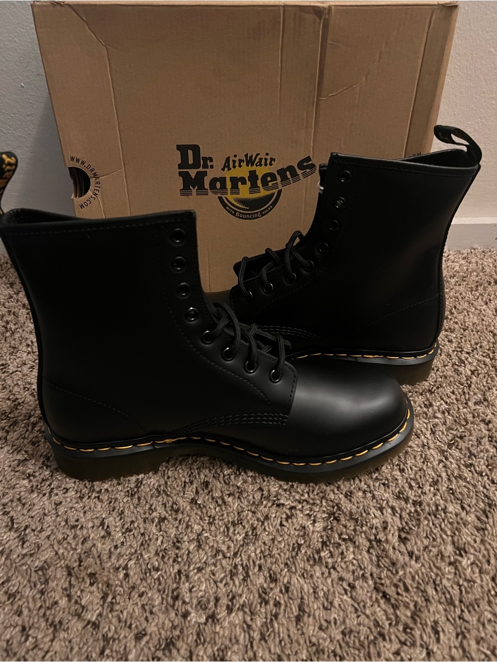 Dr. Martens Women’s Black 8-Eye Lace-Up Leather Boots with Yellow Welt Stitching - Picture 5 of 7